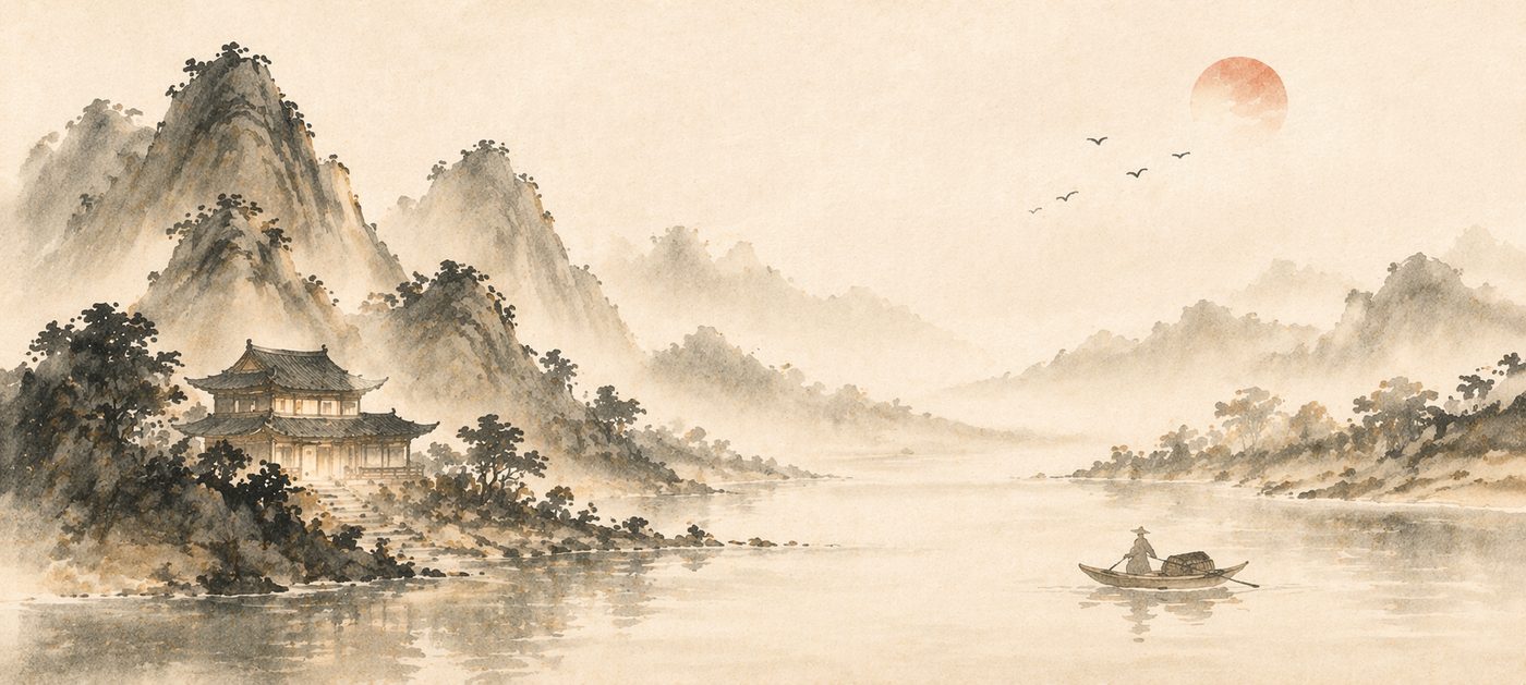 青策文枢主页面左下角的东方场景:暖纸底、远山、红日、舟与大片留白